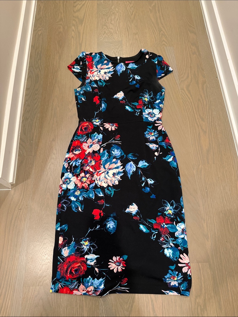 Betsey Johnson Black Midi Dress with Red & Blue Floral Print